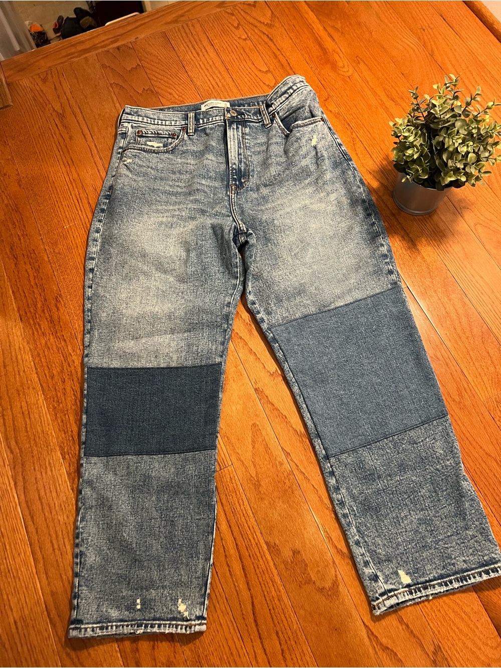 Abercrombie & Fitch Two-Tone Blue Patch Straight Jeans - Light & Dark Blue